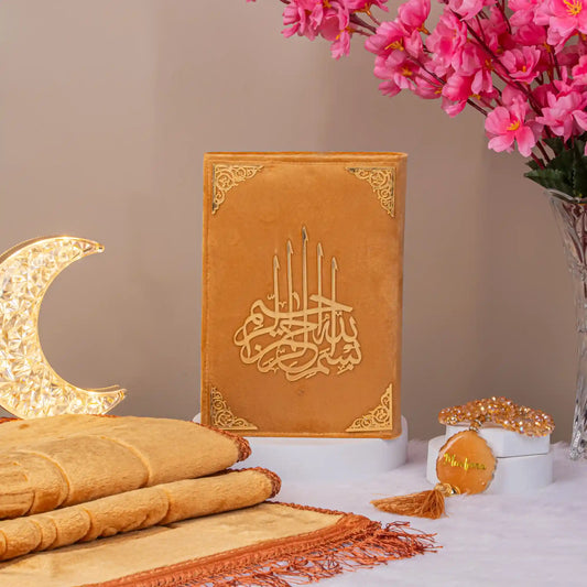 Customised Golden Salah Combo Hamper featuring velvet Quran, Janamaz, and Tasbeeh with floral decor. Elegant religious gift presentation.