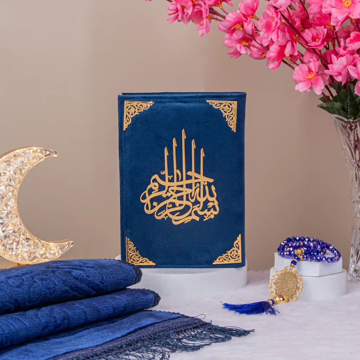 Customised Blue Salah Gift Hamper featuring velvet Quran, Janamaz, and Tasbeeh with golden moon decor. Elegant religious gift for men and women.