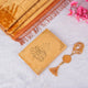 Golden Salah Combo Hamper with velvet Quran, golden Janamaz, and crystal Tasbeeh on white fur background. Ideal Islamic gift set.