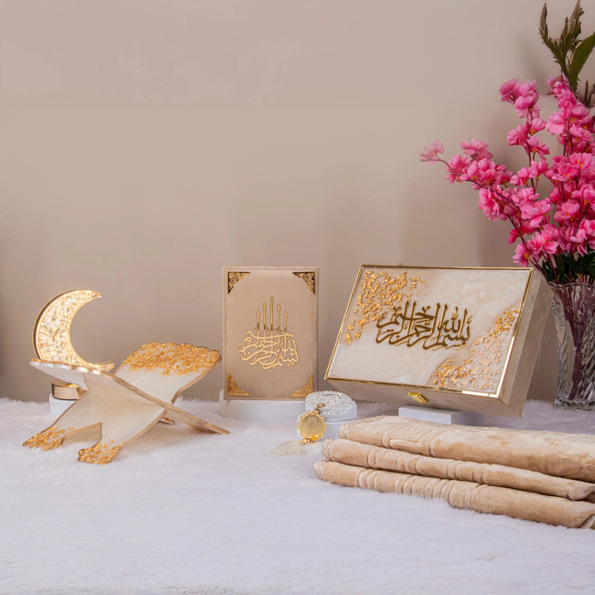 Bridal Gift Hamper - Sawab-e-Jariya featuring Quran, Tasbeeh, Janamaz, and Islamic decor in offwhite and gold, ideal for wedding gifting. Main image
