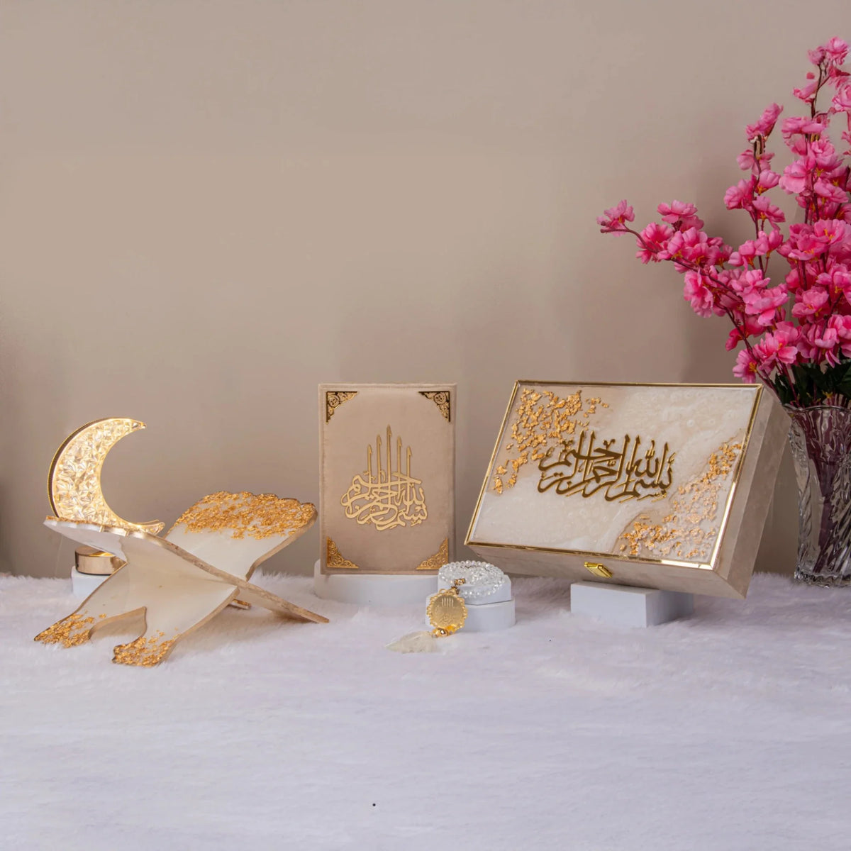 Elegant Bridal Gift Hamper - Sawab-e-Jariya with Quran, Tasbeeh, Janamaz, and Islamic stand, ideal for weddings and spiritual gifting.