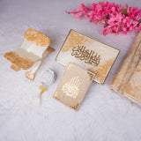 Premium Quran Gift Set with offwhite and gold accents, including Quran, Tasbeeh, and Janamaz, perfect for bridal Sawab-e-Jariya hampers.