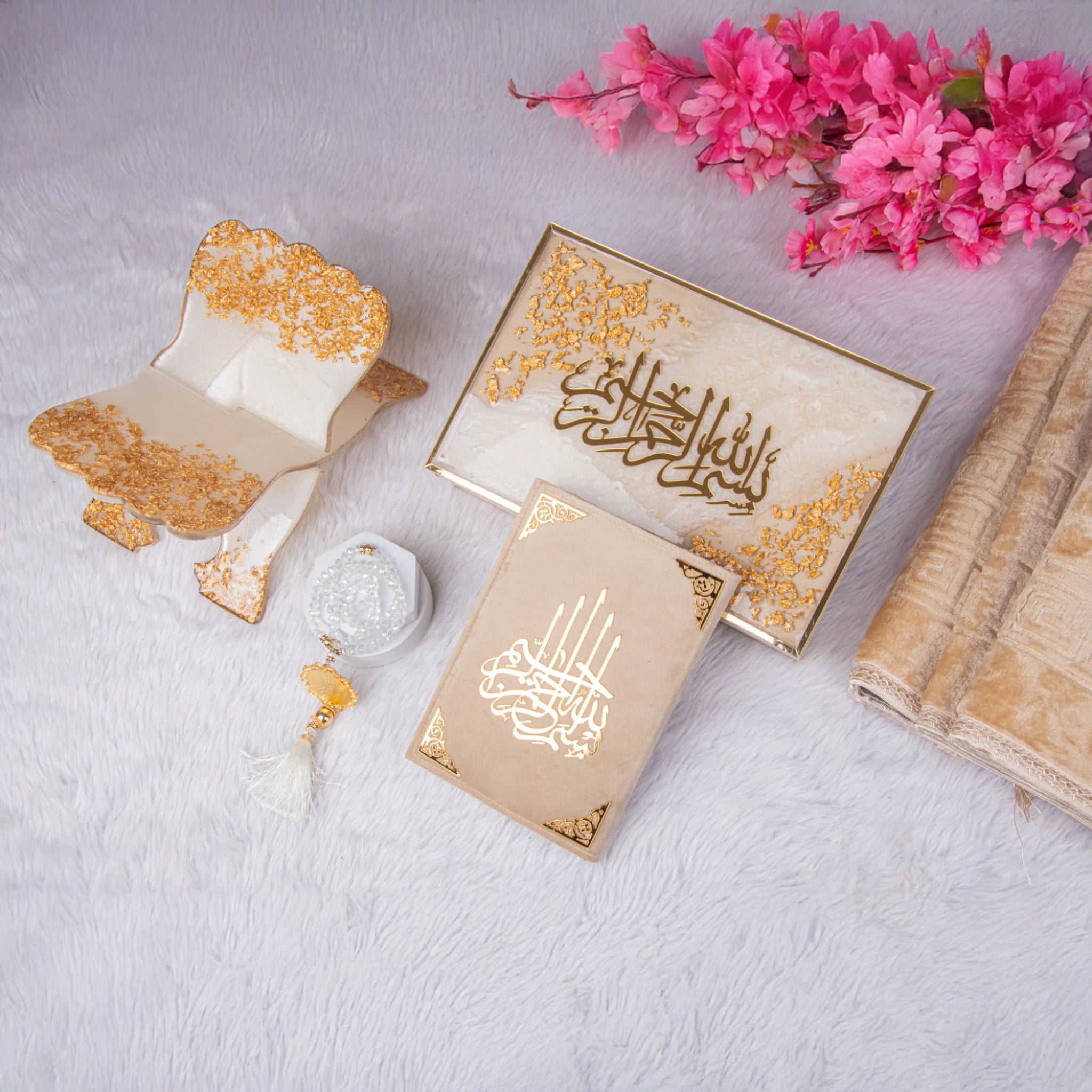Premium Quran Gift Set with offwhite and gold accents, including Quran, Tasbeeh, and Janamaz, perfect for bridal Sawab-e-Jariya hampers. Main image