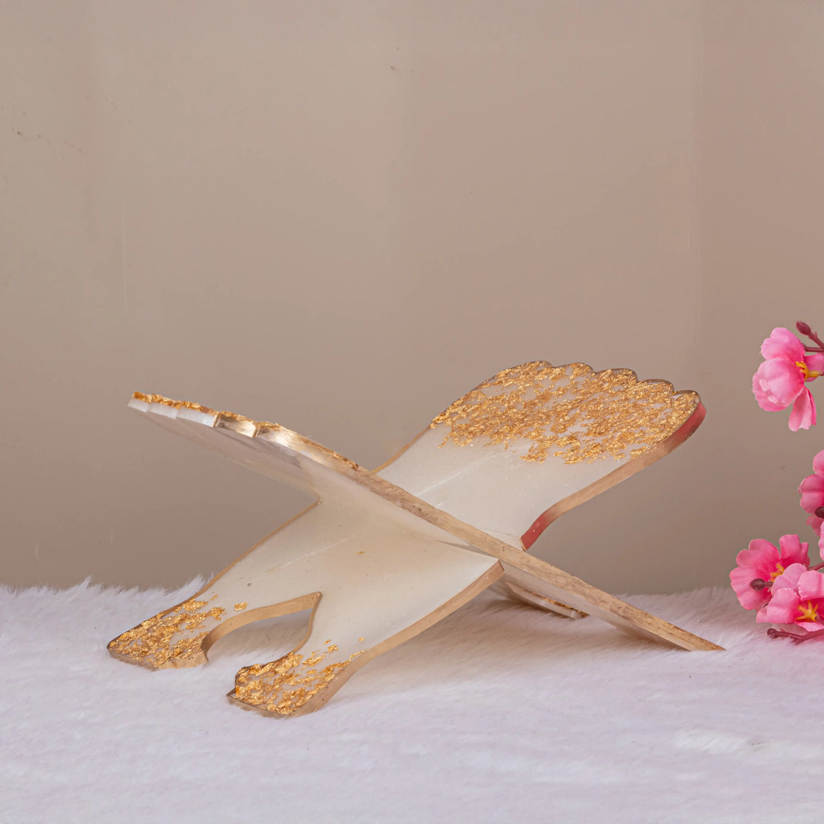 Offwhite and gold Quran stand with intricate detailing, part of the Bridal Gift Hamper - Sawab-e-Jariya for religious ceremonies.