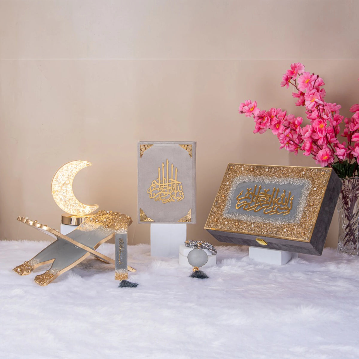 Velvet Quran Rehal Hamper in grey with golden sequence, featuring Holy Quran, Rehal, Tasbeeh, and decorative moon lamp. Ideal Sawab-e-Jariya gift set.
