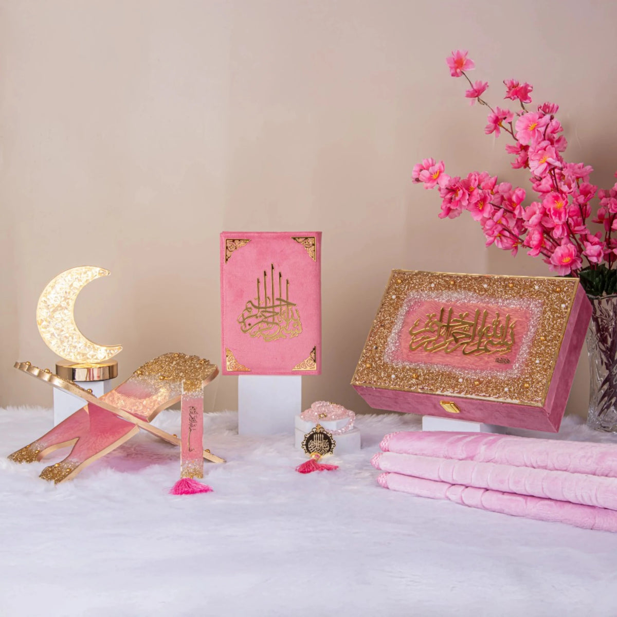 Pink Sequence Bridal Hamper - Sawab-e-Jariya gift set with Quran, Rehal, Tasbeeh, and prayer mats, ideal for weddings and Nikah ceremonies.