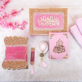 Pink Sequence Bridal Hamper - Sawab-e-Jariya gift set with Quran, Rehal, Tasbeeh, and prayer mats, ideal for weddings and Nikah ceremonies.