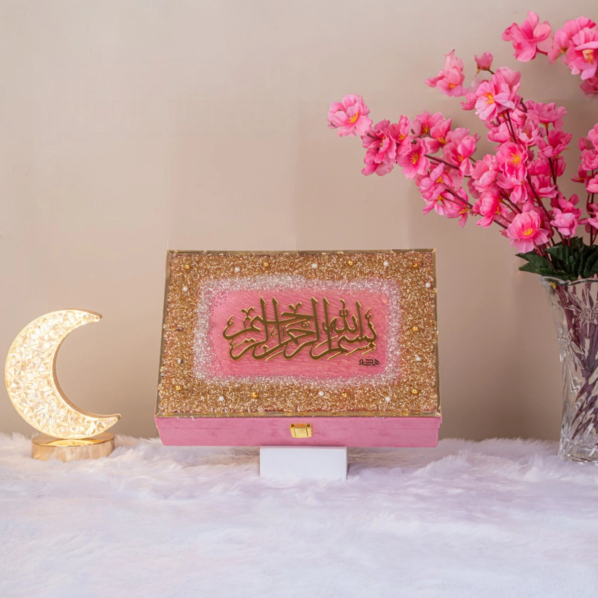 Pink Handmade Designer Velvet Quran Box with glitter border and Islamic calligraphy. A thoughtful Ramadan gift and decorative religious item.