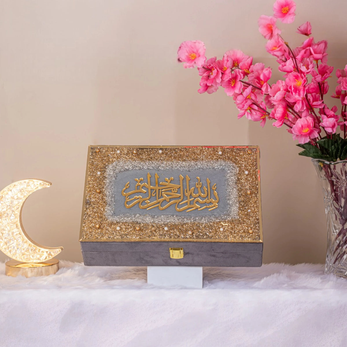 Gray and gold Handmade Designer Velvet Quran Box with glitter and Islamic script. Ideal for prayer beads, books, and Ramadan gifting.