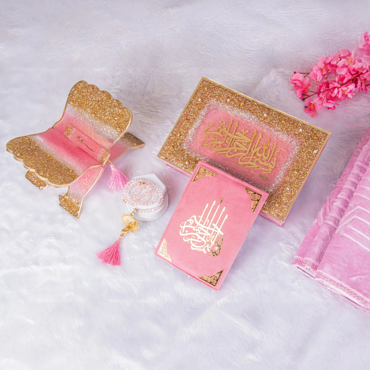 Top view of Pink Sequence Bridal Hamper - Sawab-e-Jariya featuring glitter Rehal, premium Quran, and accessories in a designer box.