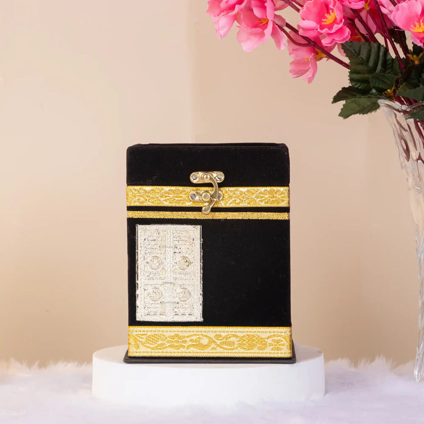 Kaaba Box 30 Para Quran - Spiritual Gift | Handcrafted, Made in India. Black velvet Kaaba-shaped box with golden detailing, ideal for Islamic gifting. Main image