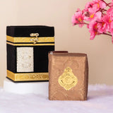 Kaaba Box 30 Para Quran - Spiritual Gift | Handcrafted, Made in India. Open Kaaba box revealing a brown-gold Quran set, perfect for Hajj & Umrah gifts.