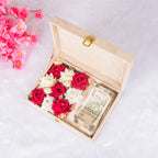 Open Offwhite Haqq Bridal Meher Box with artificial roses and currency notes, ideal for Islamic wedding ceremonies and Nikah gifts.