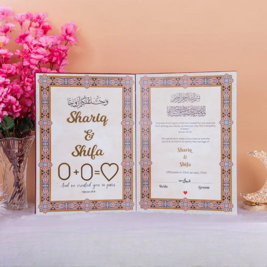 Personalized Nikah Nama A3 Size with names Shariq & Shifa in maroon velvet cover, ideal for Islamic wedding ceremonies and bridal gifts.