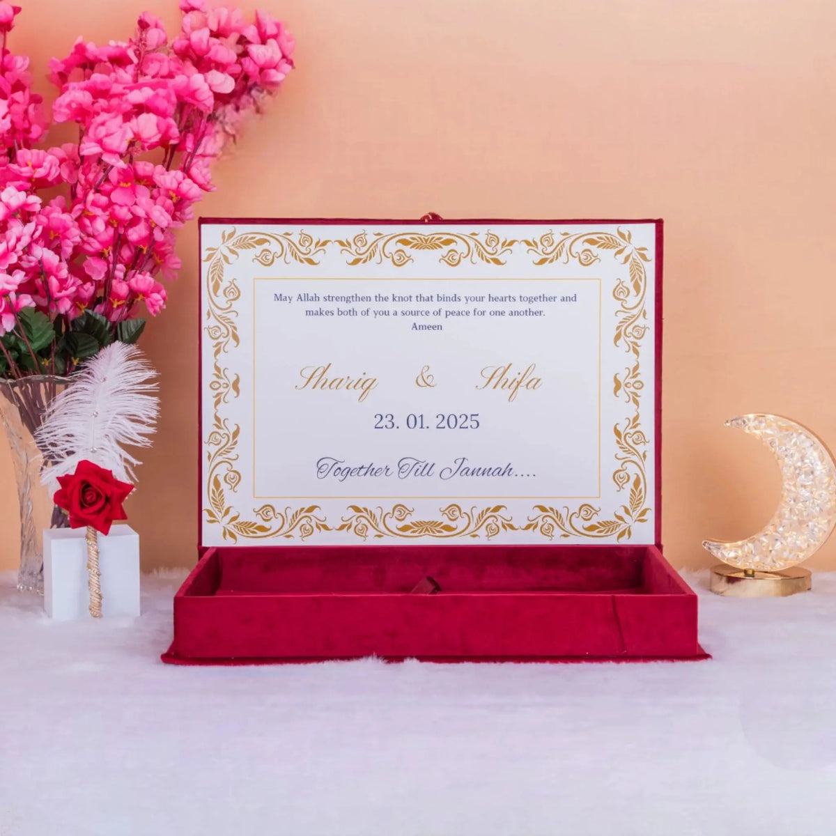 Open Maroon Majestic Nikah Nama Hamper displaying printed Nikah certificate with gold border, perfect for religious wedding ceremonies.