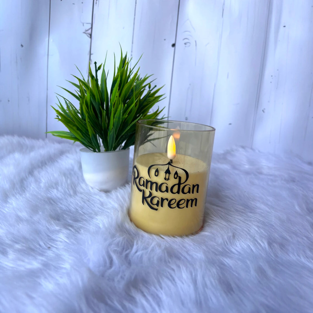 Customized LED Candle with 'Ramadan Kareem' text, flameless lighting for Ramadan decor and personalized gifting.