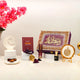Purple Mubarak Moments Ramadan Gift Box with prayer beads, Islamic book, ittar, and decor. Elegant spiritual gift for Ramadan.
