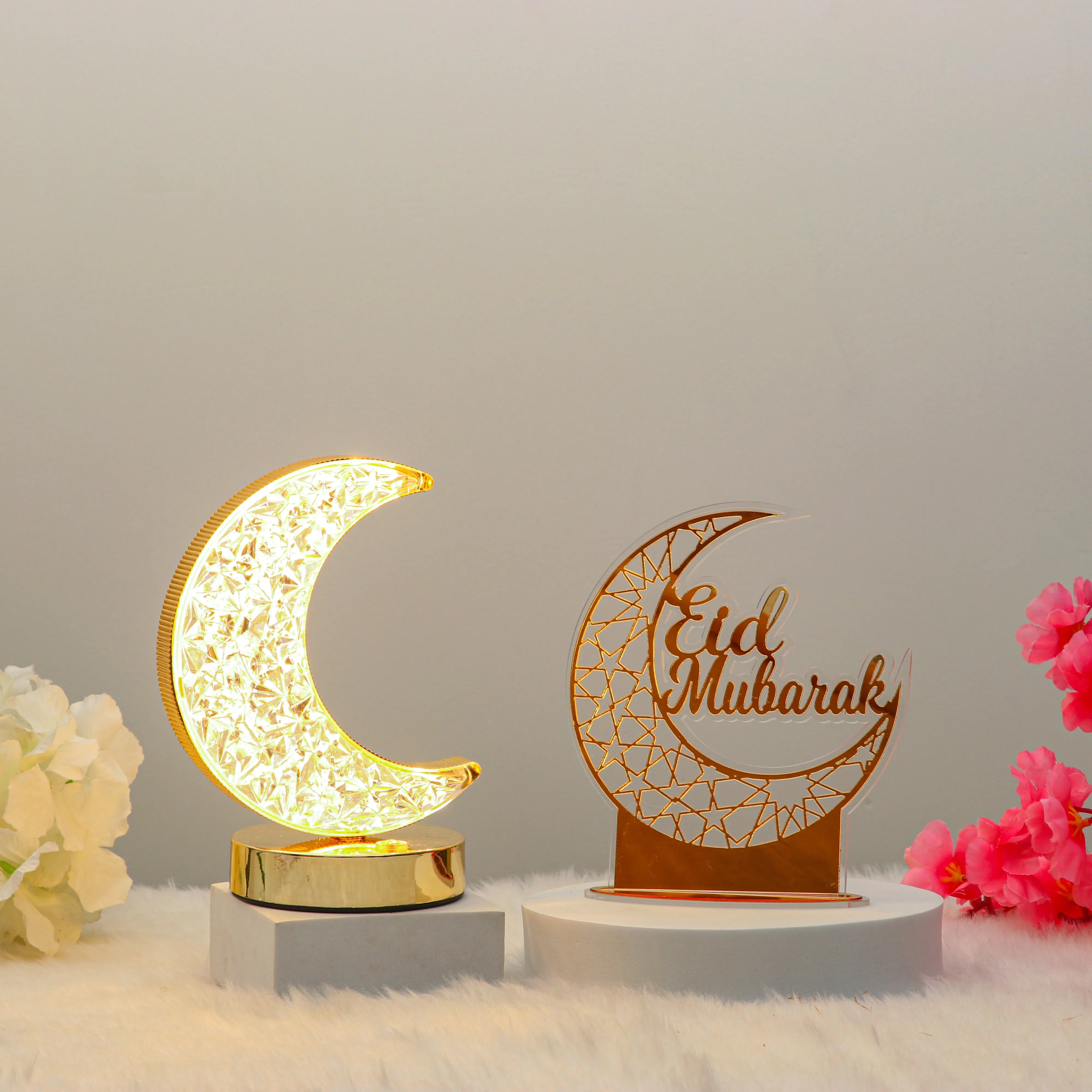 Noor-e-Chand Decor Set - Eid Decor Set with illuminated moon lamp and Eid Mubarak crescent stand, ideal for festive home decoration. Main image