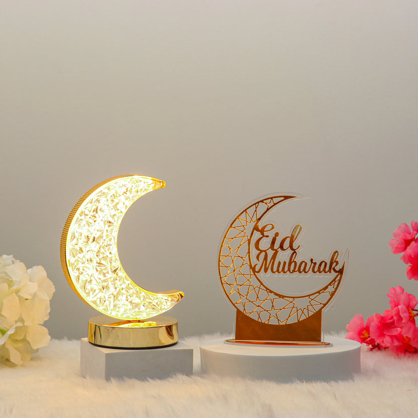 Noor-e-Chand Decor Set - Eid Decor Set with illuminated moon lamp and Eid Mubarak crescent stand, ideal for festive home decoration. Main image