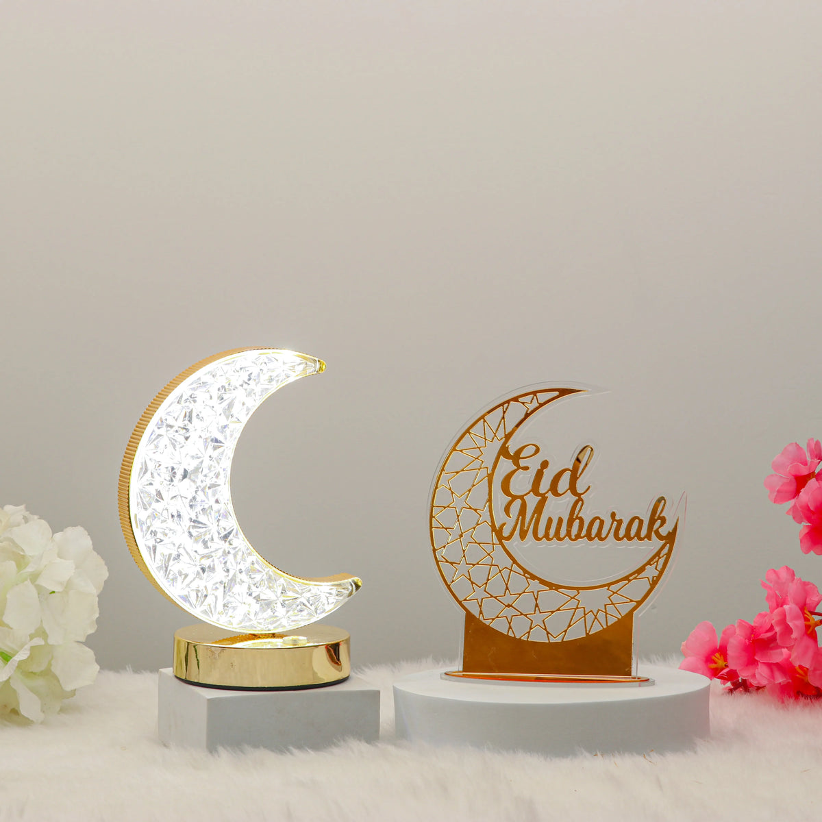 Noor-e-Chand Decor Set - Eid Decor Set featuring a glowing white moon lamp and golden Eid Mubarak crescent, perfect for Ramadan ambiance.