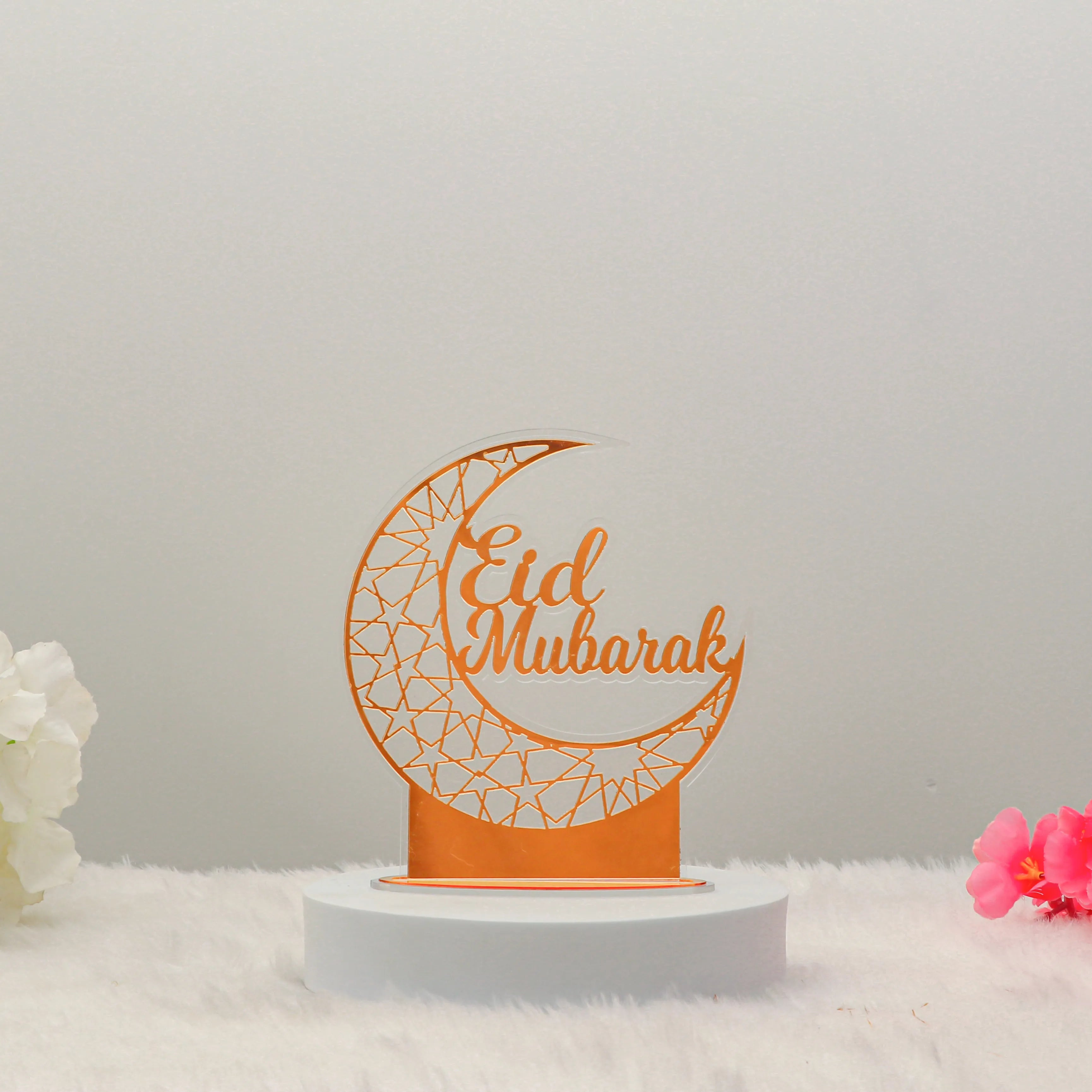 EID Mubarak Stand - EID Mubarak Decoration featuring a crescent moon design in gold on a white base. Ideal festive decor for Eid celebrations. Main image