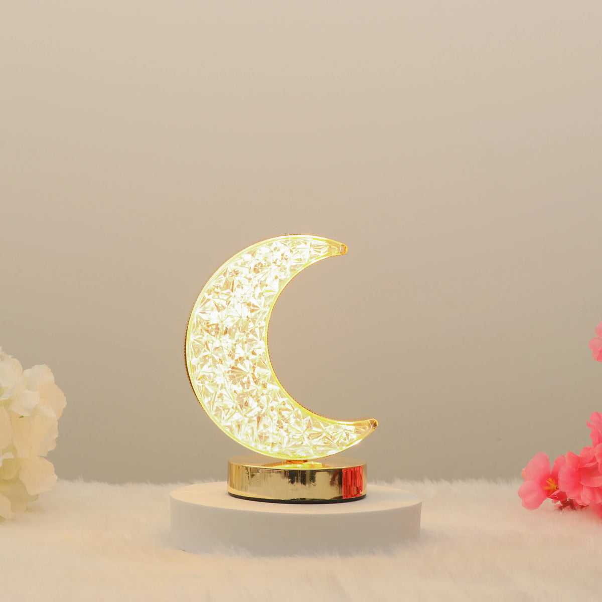 Noor-e-Chand Decor Set - Eid Decor Set with a luminous moon lamp on gold base, adds warmth and charm to Ramadan and Eid celebrations.