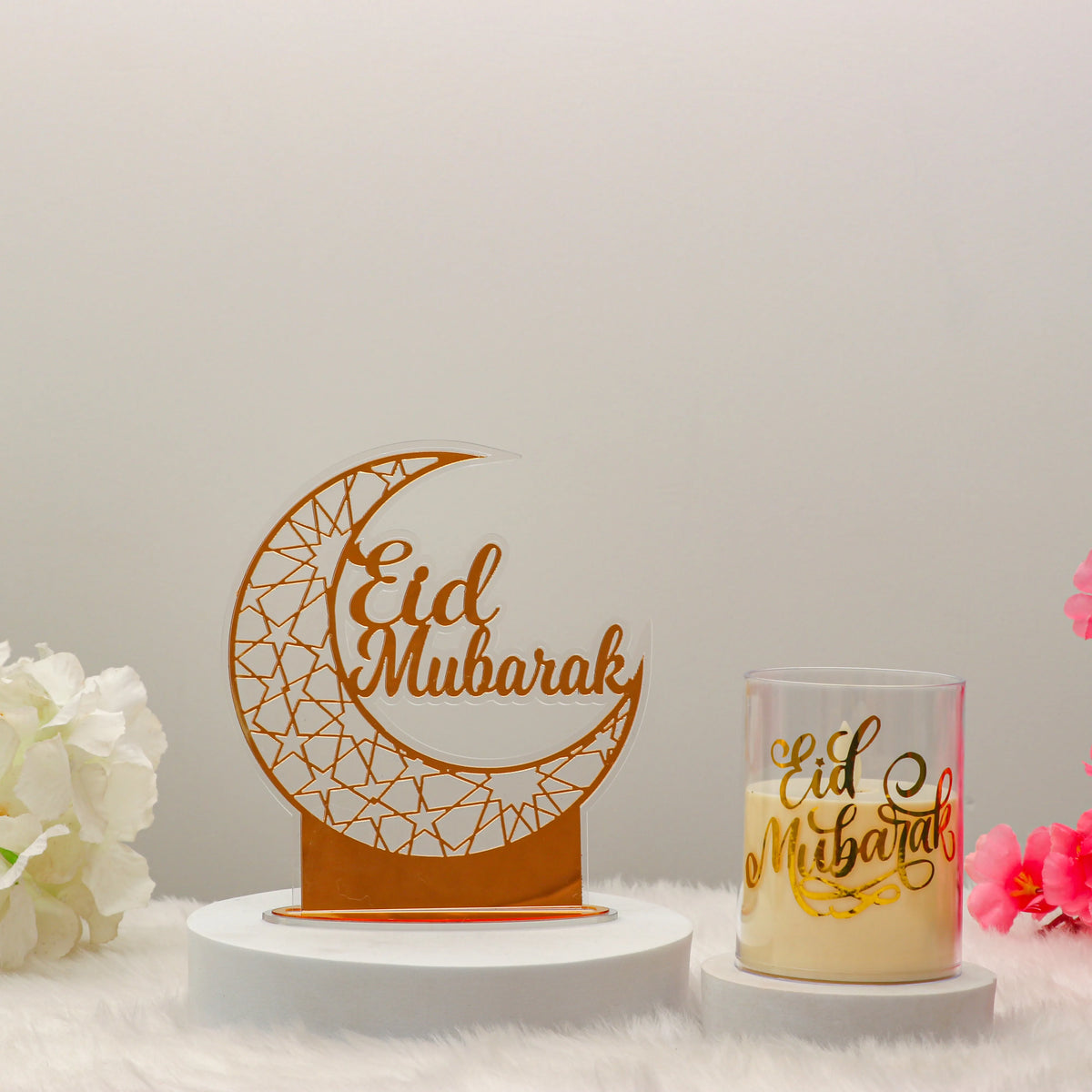 EID Mubarak Stand - EID Mubarak Decoration with gold crescent moon and matching candle holder. Elegant home decor for Ramadan and Eid.