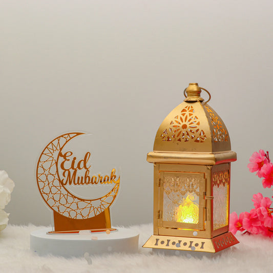 EID Mubarak Stand - EID Mubarak Decoration paired with a gold lantern. Perfect festive decor for Eid tables or gifting during Ramadan.
