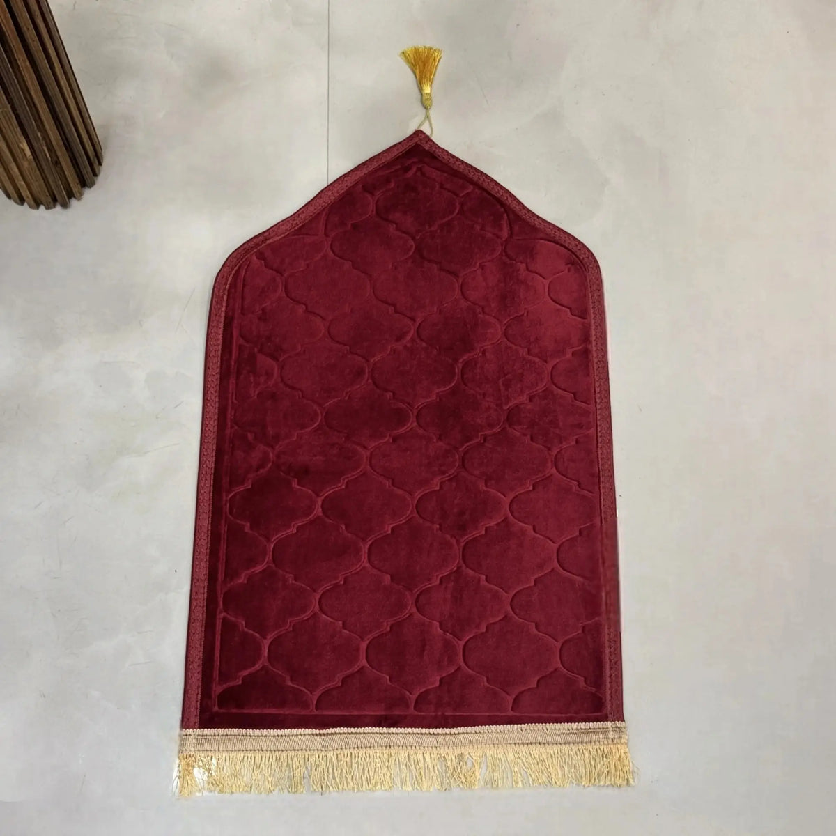 Maroon Kids Dome Janamaz - Kids Dome Prayer Rug with gold tassel detailing. Lightweight and compact for easy storage and portability.