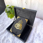 Black Sequence Tilawat-e-Quran hamper with Quran placed inside velvet-lined box, perfect for spiritual gift delivery.