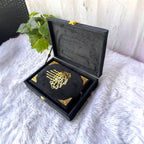 Black velvet Tilawat-e-Quran gift box with Quran inside, featuring gold calligraphy, ideal for bridal or Eid gifting.