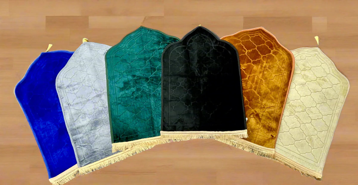 Collection of Dome Shaped Prayer Rugs in multiple colors including green, black, blue, and beige, ideal for gifting and personal use.