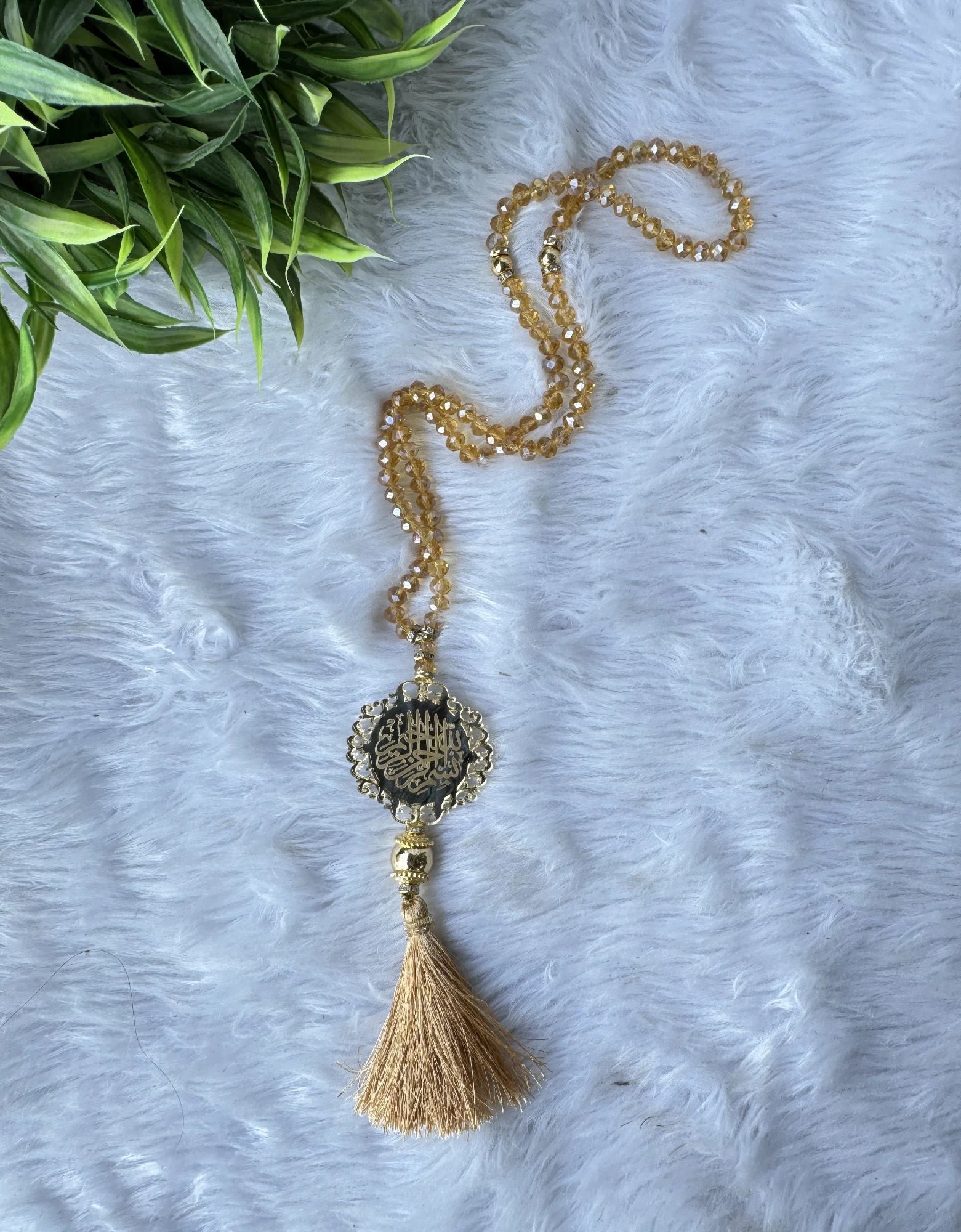 Golden Crystal Tasbeeh with Bismillah (100 Beads)