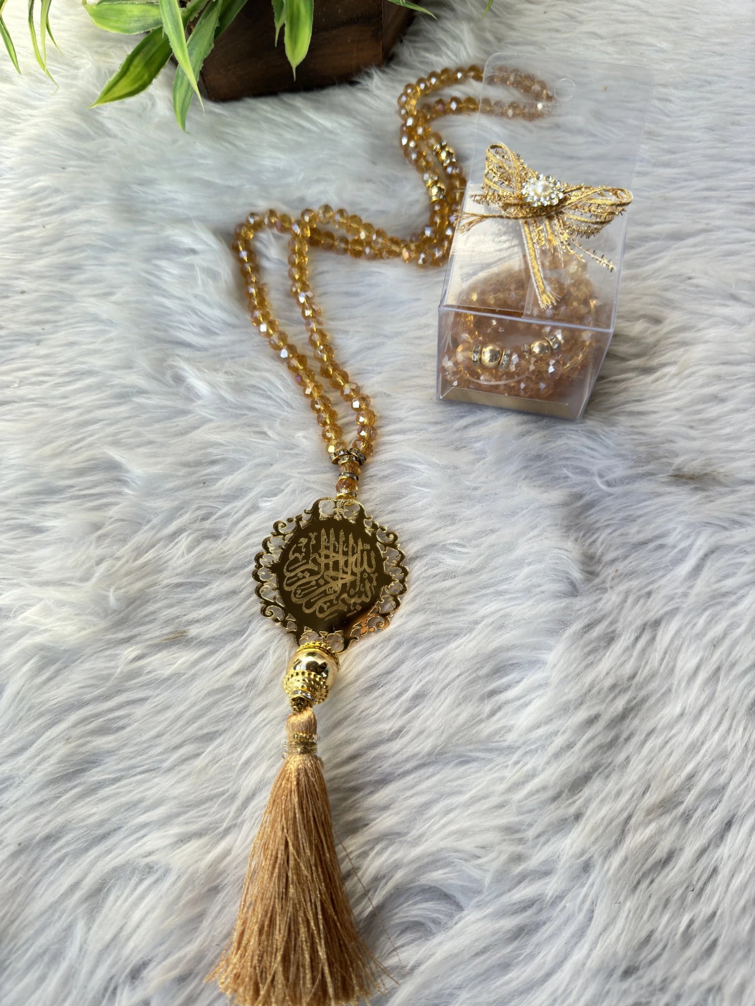 Golden Crystal Tasbeeh with Bismillah (100 Beads)
