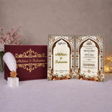 Ishq-e-Marjan Nikah Nama Hamper maroon – bold deep maroon Islamic Nikah Nama booklet with golden embellishments for sacred nikah ceremonies