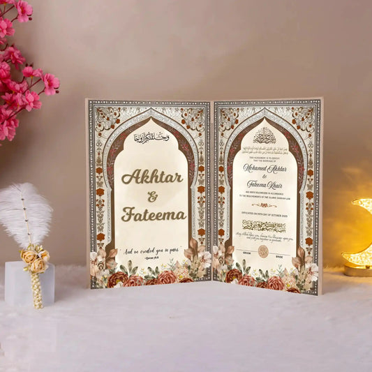 Personalized Ishq-e-Marjan Nikah Nama booklet featuring Akhtar & Fateema's names in elegant script, perfect for wedding ceremony supplies.