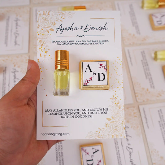 Premium Ittar & Chocolate Customised Card Favors for Nikah featuring a mini perfume bottle and personalized chocolate on floral gold-accented card.