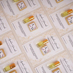 Premium Ittar & Chocolate Customised Card Favors for Nikah featuring gold-capped ittar bottles and monogrammed chocolates on floral cards.