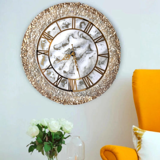 Ivory Radiance Clock - Timeless Design | Elegant Decor featuring gold Roman numerals and textured frame, styled above a yellow armchair and floral decor.