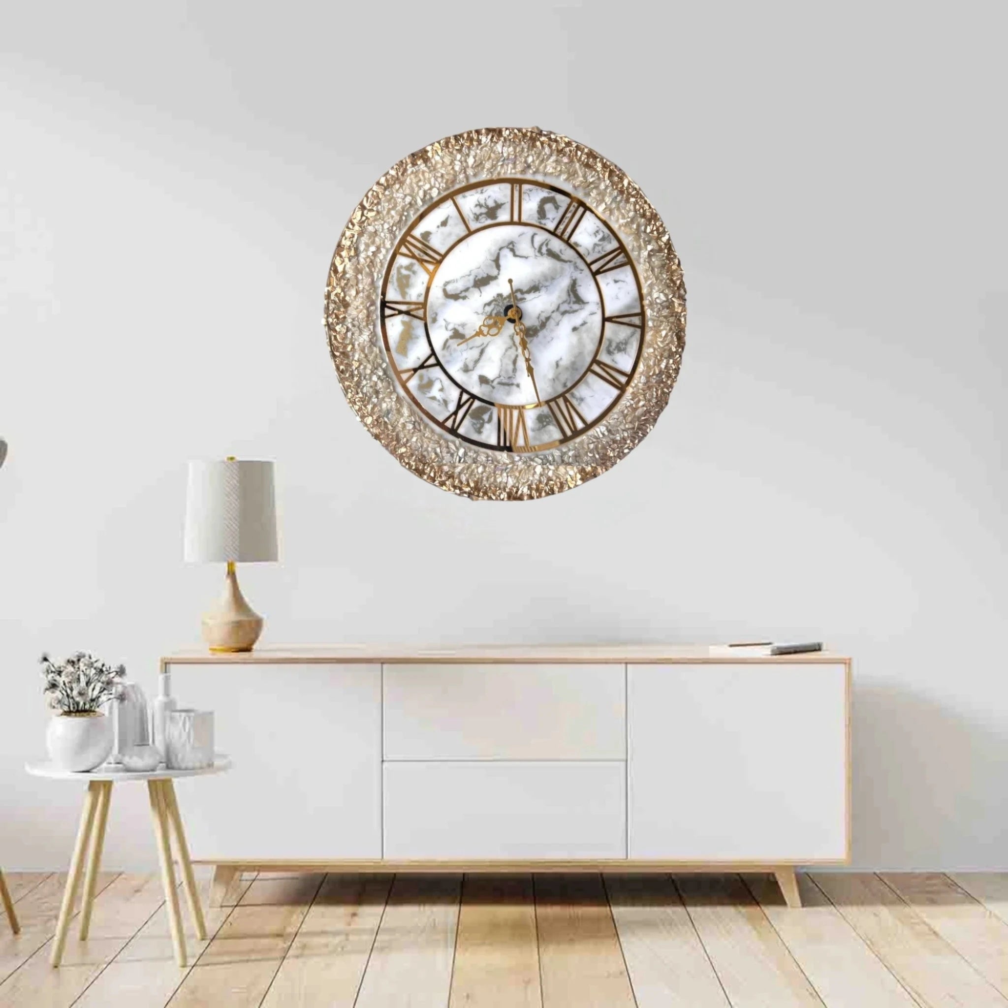 Ivory Radiance Clock - Timeless Design | Elegant Decor wall clock with gold accents and marble-style face, mounted above a modern white console in a minimalist living space. Main image