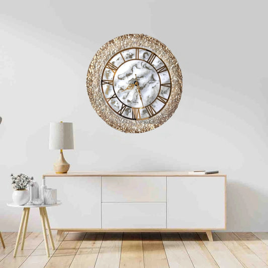Ivory Radiance Clock - Timeless Design | Elegant Decor wall clock with gold accents and marble-style face, mounted above a modern white console in a minimalist living space.