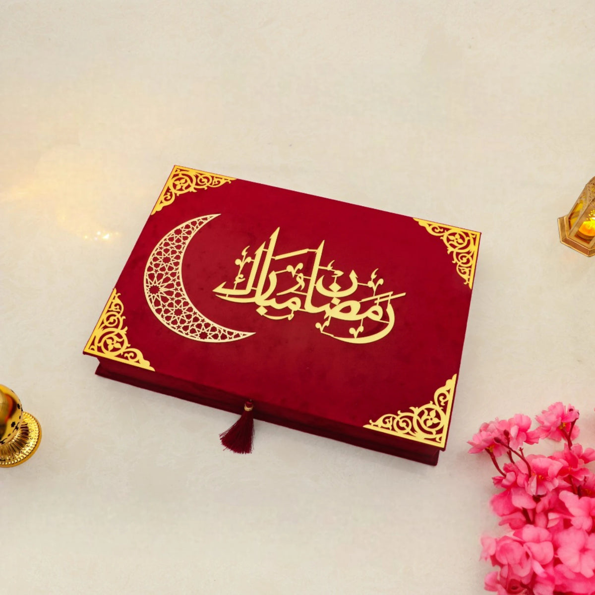 Red Jannah Treasures Ramadan Hamper box with Arabic calligraphy and gold crescent moon, ideal for spiritual and ceremonial Ramadan gifting.