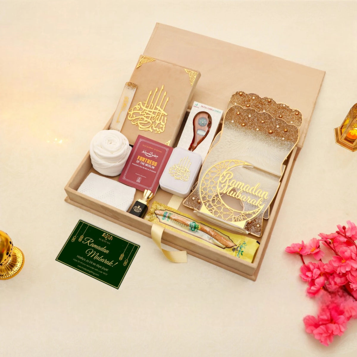 Beige Jannah Treasures Ramadan Hamper open box with premium Islamic items for Ramadan, ideal for gifting in Jaipur or New Zealand.