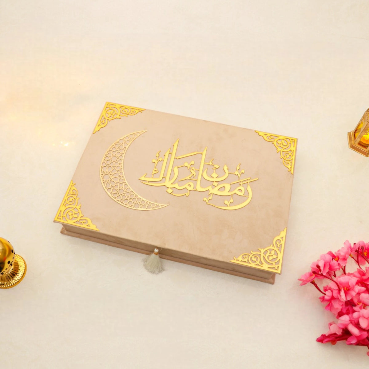 Beige Jannah Treasures Ramadan Hamper with Arabic calligraphy and gold crescent moon, ideal for spiritual Ramadan and Eid celebrations.