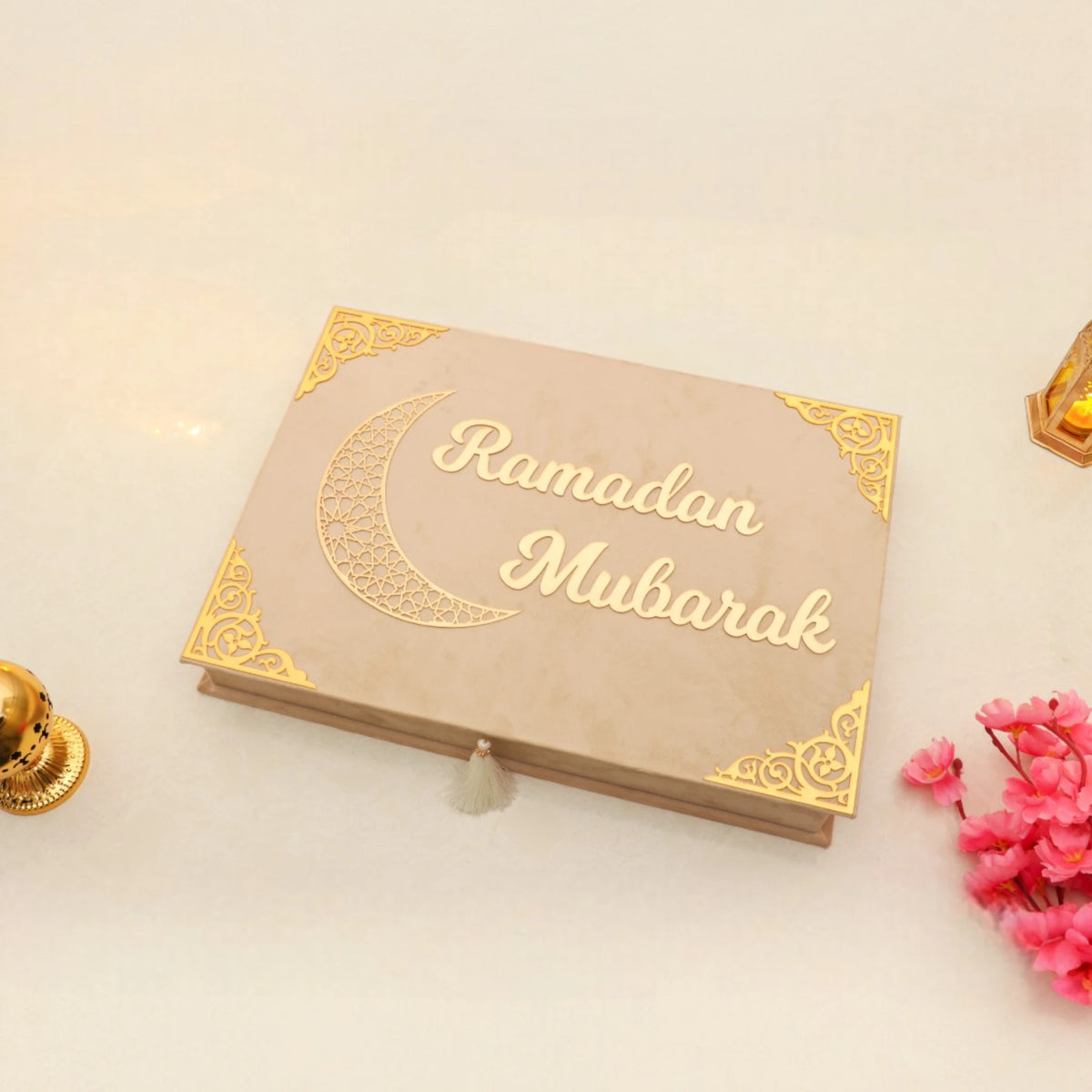 Beige Jannah Treasures Ramadan Hamper closed box with 'Ramadan Mubarak' and crescent moon design, elegant for ceremonial gift giving.