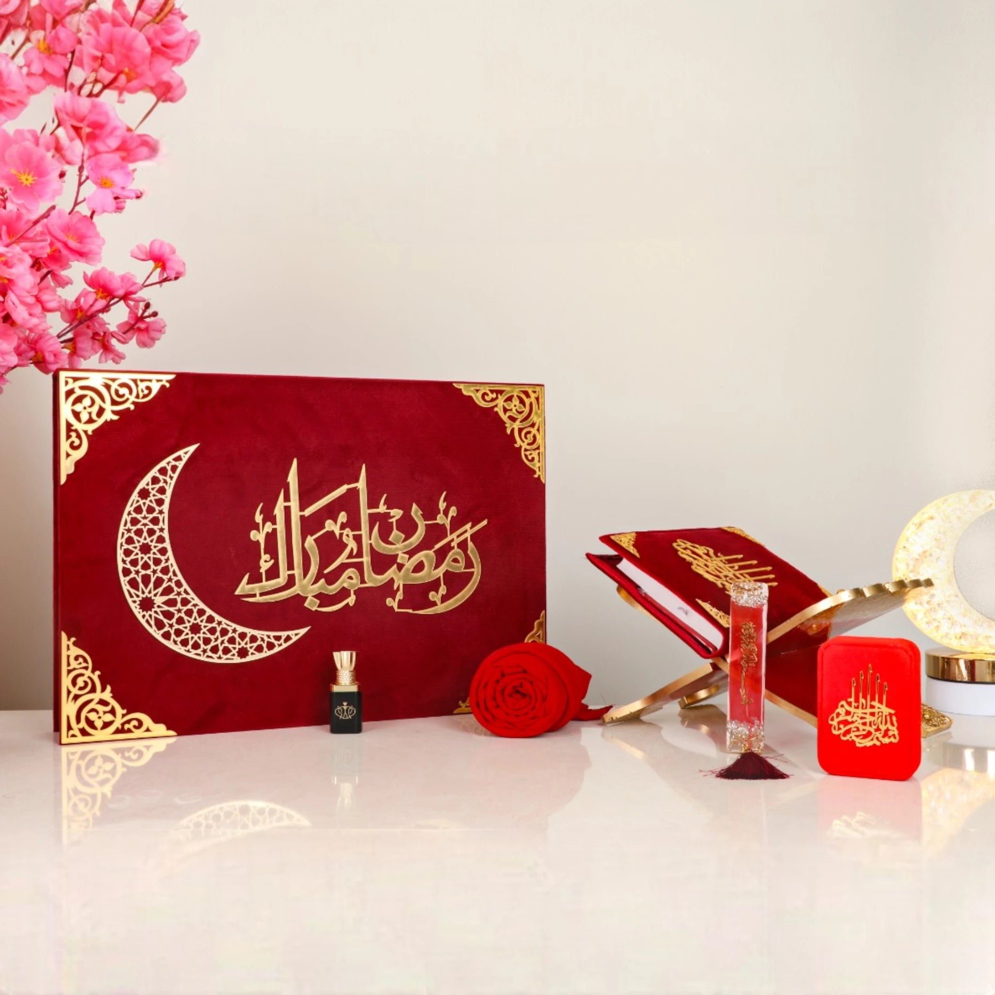 Jannah Treasures Ramadan Hampers - Celebrate Ramadan with a luxurious red velvet gift box featuring Islamic calligraphy, ittar, tasbeeh, and Quran. Main image