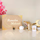 Beige Jannah Treasures Ramadan Hamper with gold 'Ramadan Mubarak' design, featuring Quran, tasbeeh, ittar, and prayer items for festive gifting.
