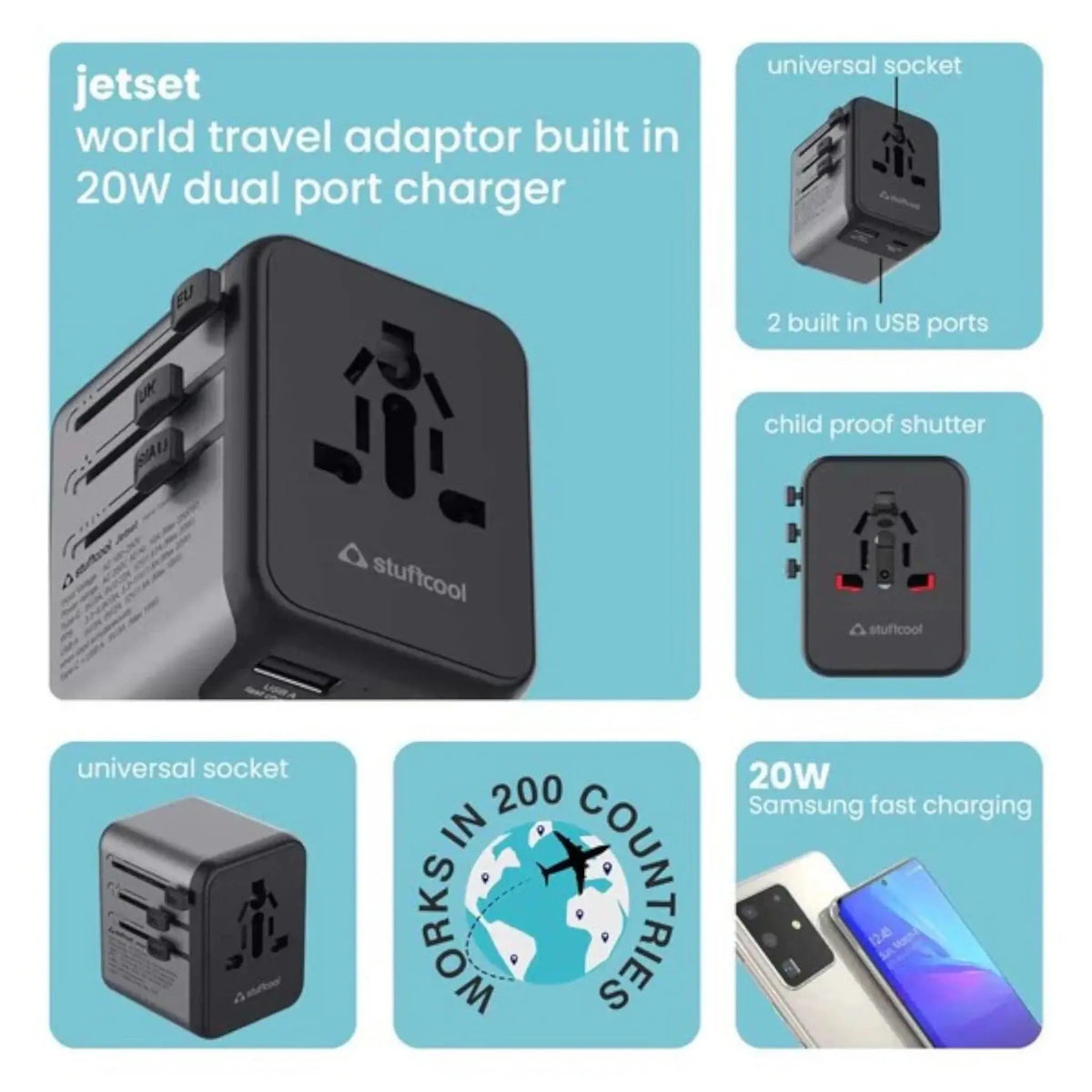 Jetset Travel Adapter features dual USB ports, child-proof shutter, and 20W fast charging. Works in 200+ countries for universal connectivity.