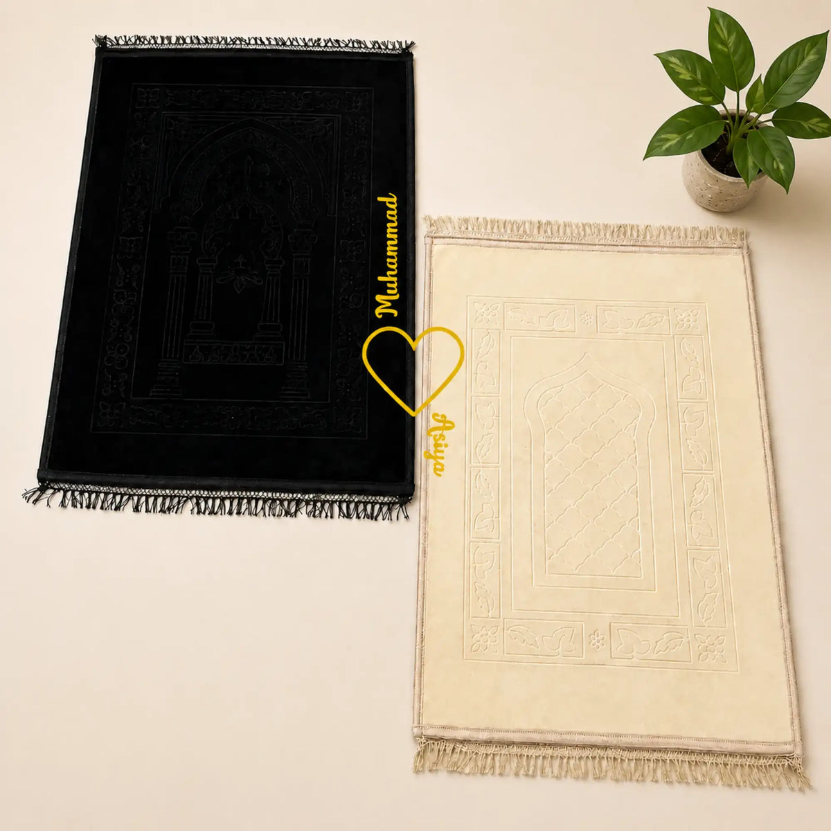 Black & Champagne Gold Rectangle Couple Janamaz with Heart