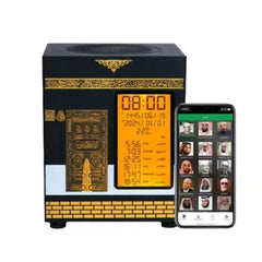 Digital clock with Islamic design and smartphone displaying prayer times on a white background